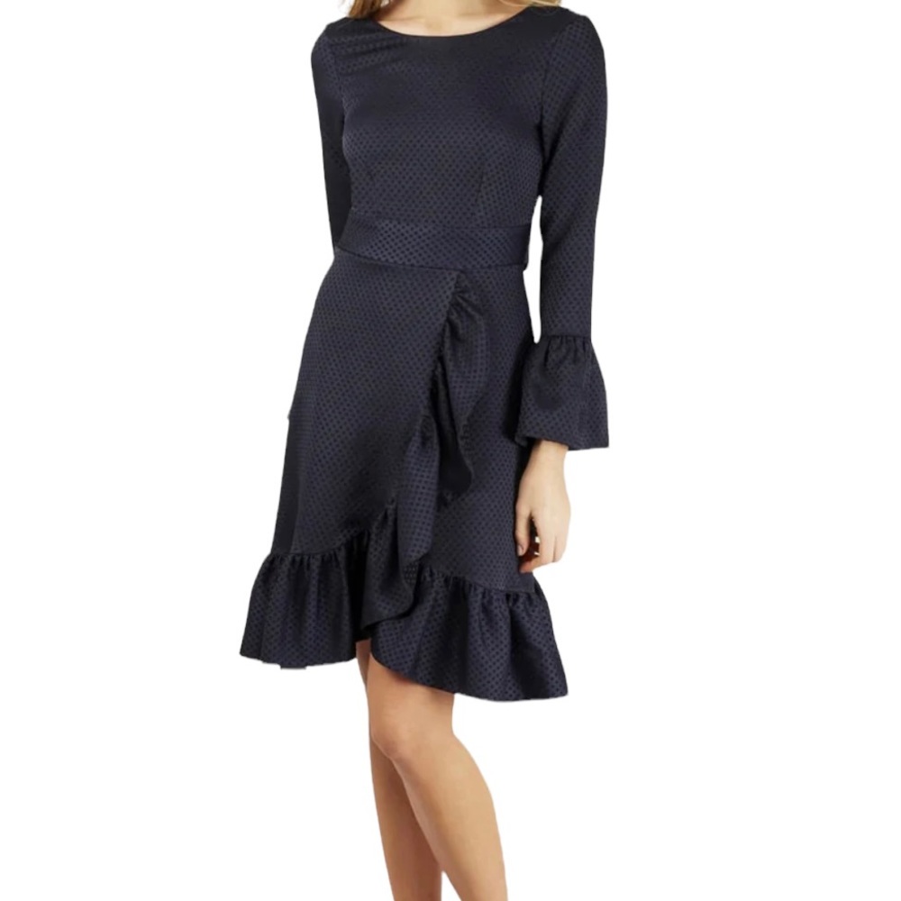 Closet London Navy Blue/Black Long Sleeve Frill Faux Wrap Dress 8